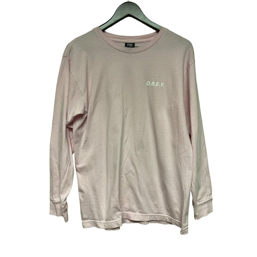 O.B.E.Y. Long Sleeve Pink Crew Neck T-Shirt Spell Out Men's Size Medium